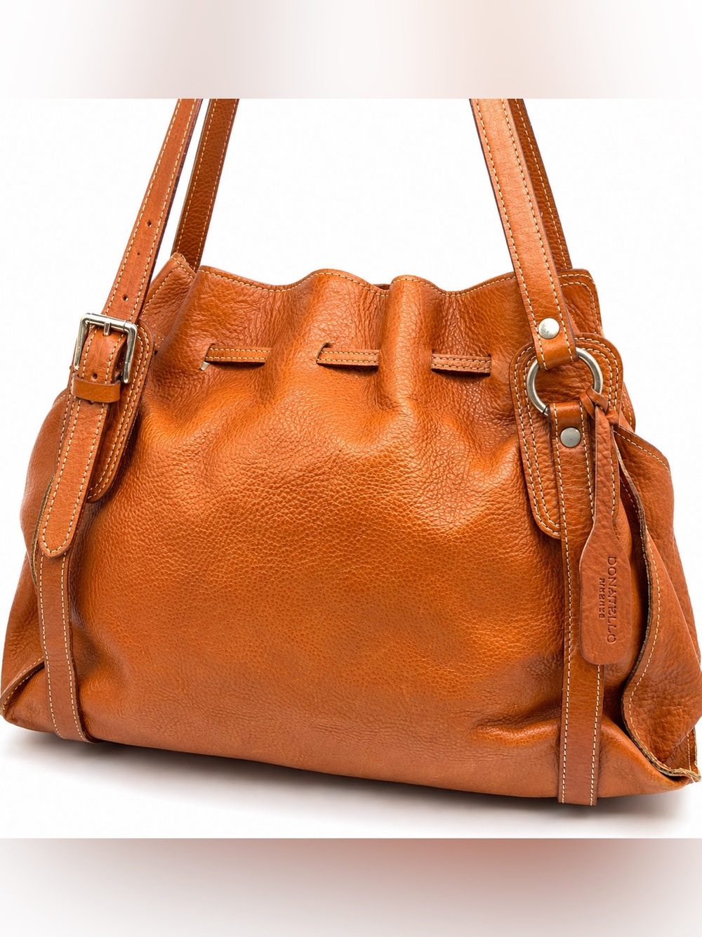 Leather Rouched Drawstring Tote Bag in Cognac Brown Donatello Firenze